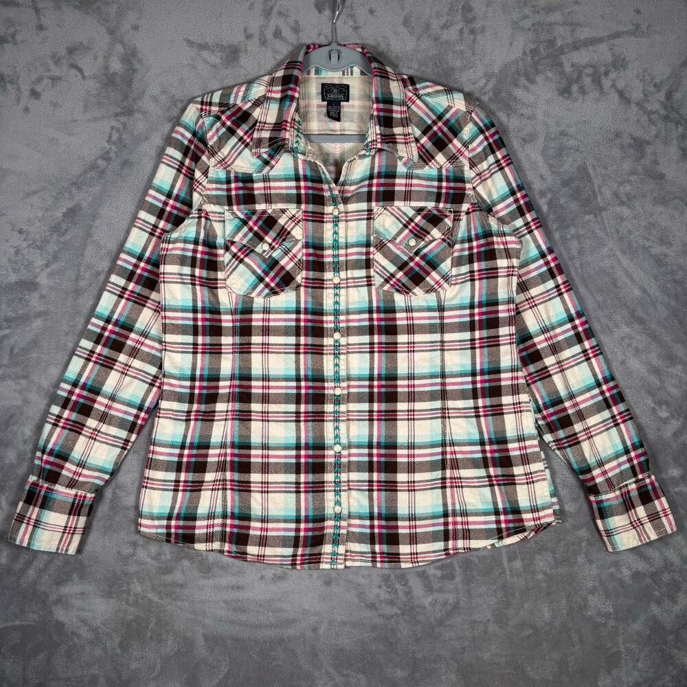 Lucky Brand Dungarees Pearl Snap Western Plaid Flannel Women’s Large
